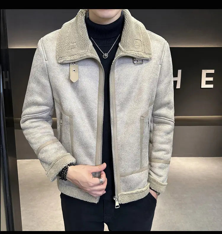 Winter Fur Integrated Lamb Fur Fleece-lined Thick Leather Coat Men