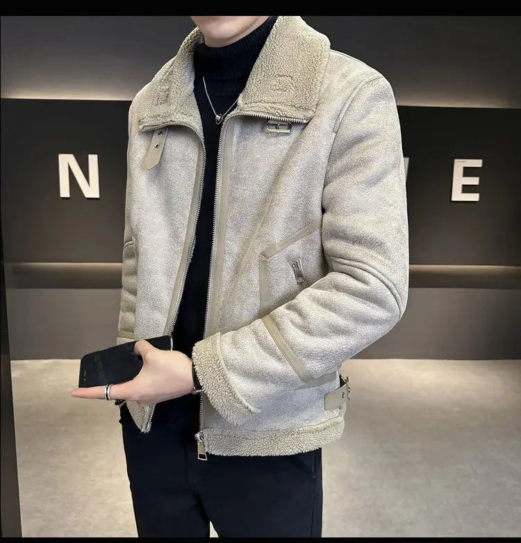 Winter Fur Integrated Lamb Fur Fleece-lined Thick Leather Coat Men