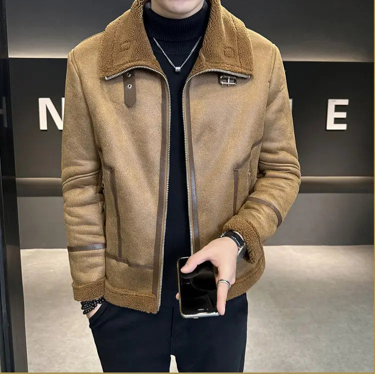 Winter Fur Integrated Lamb Fur Fleece-lined Thick Leather Coat Men