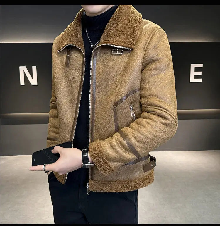 Winter Fur Integrated Lamb Fur Fleece-lined Thick Leather Coat Men