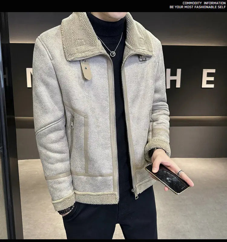 Winter Fur Integrated Lamb Fur Fleece-lined Thick Leather Coat Men