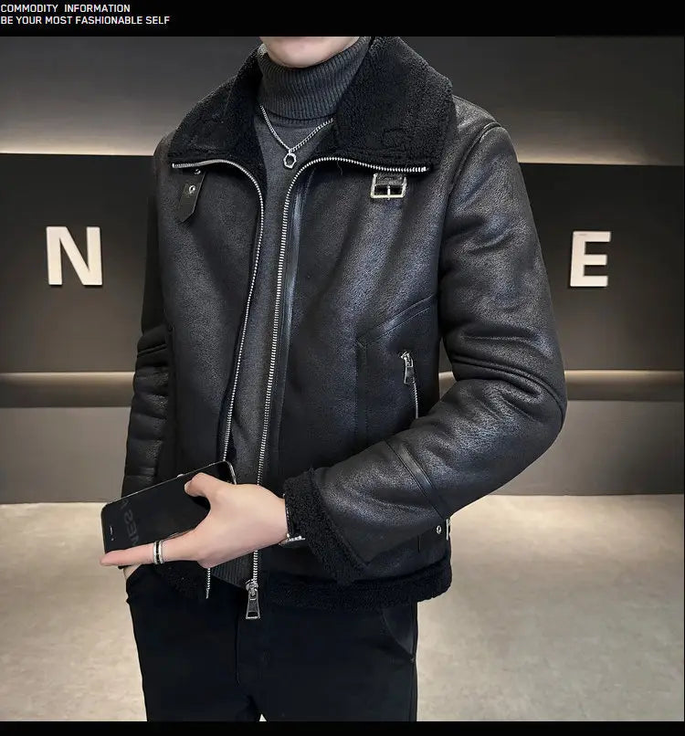 Winter Fur Integrated Lamb Fur Fleece-lined Thick Leather Coat Men