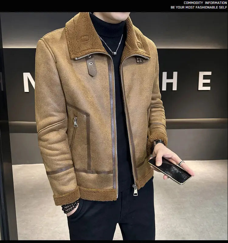 Winter Fur Integrated Lamb Fur Fleece-lined Thick Leather Coat Men
