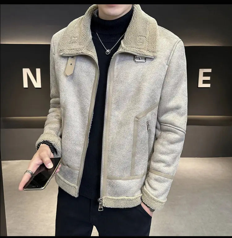 Winter Fur Integrated Lamb Fur Fleece-lined Thick Leather Coat Men