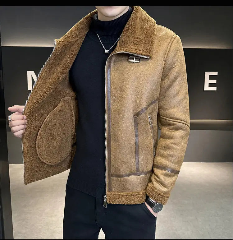 Winter Fur Integrated Lamb Fur Fleece-lined Thick Leather Coat Men
