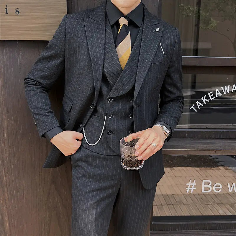 Men’s British Slim-fitting Double Button Striped Suit Three-piece Suit