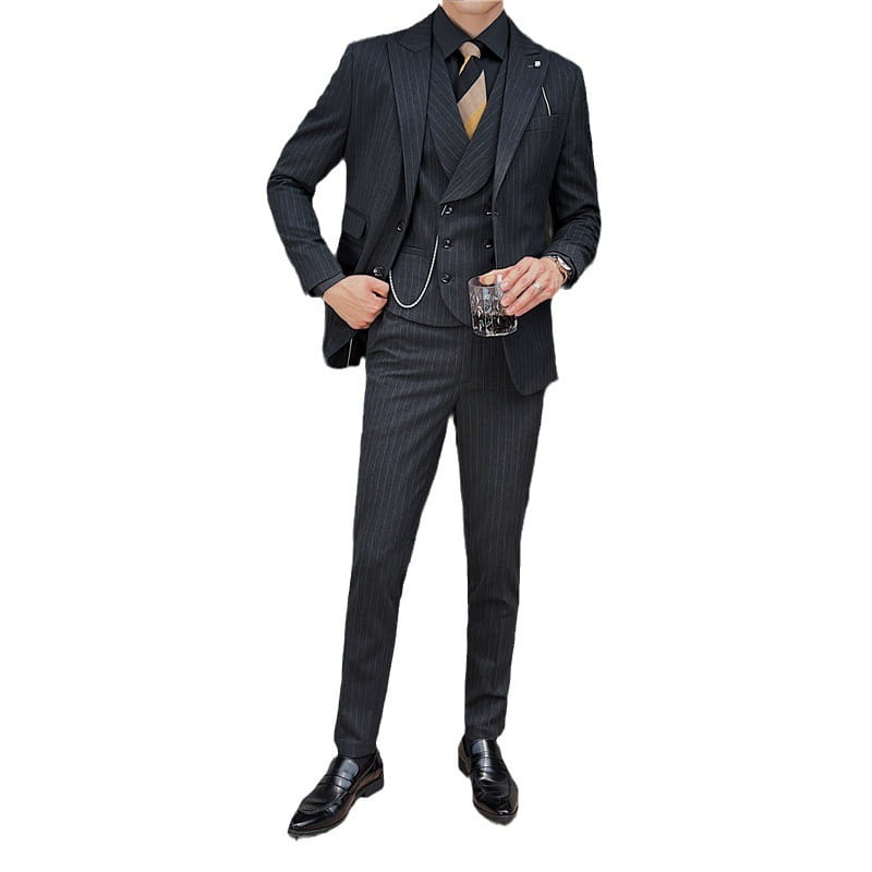 Men’s British Slim-fitting Double Button Striped Suit Three-piece Suit