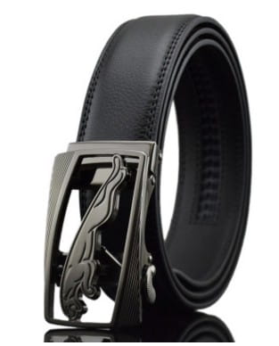 Black leather belt featuring a jaguar buckle in Men Automatic Buckle Leather Belts.