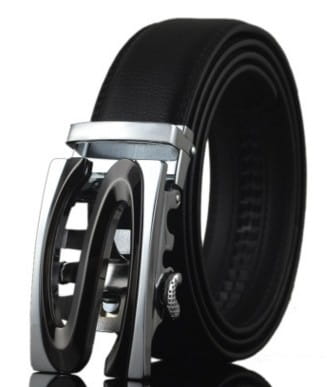 Black leather belt with silver automatic buckle for men’s fashion accessories.