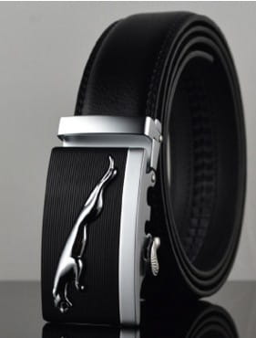 Black leather belt featuring a jaguar buckle for Men Automatic Buckle Leather Belts