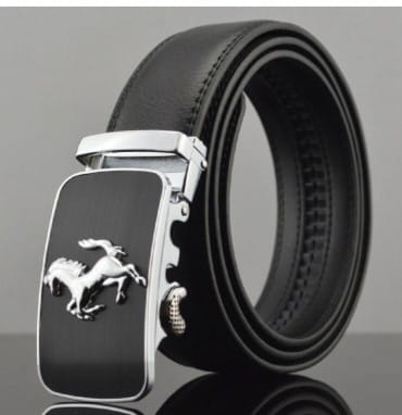 Men Automatic Buckle Leather Belt featuring a Black Leather Strap with Horse Buckle.