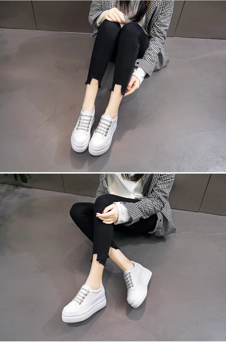 Genuine Leather Platform Versatile Casual Breathable White Muffin Height Increasing Insole Women’s Board Shoes