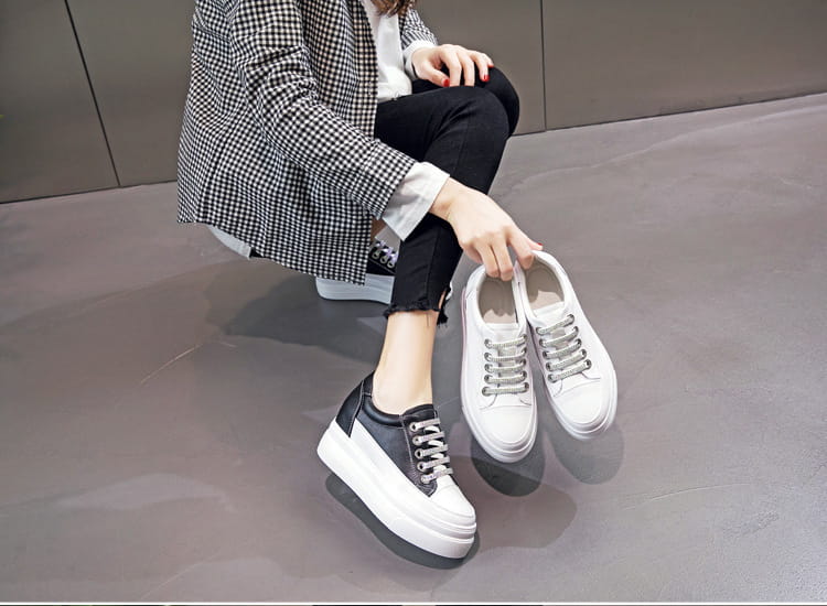Genuine Leather Platform Versatile Casual Breathable White Muffin Height Increasing Insole Women’s Board Shoes