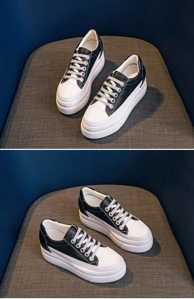 Genuine Leather Platform Versatile Casual Breathable White Muffin Height Increasing Insole Women’s Board Shoes