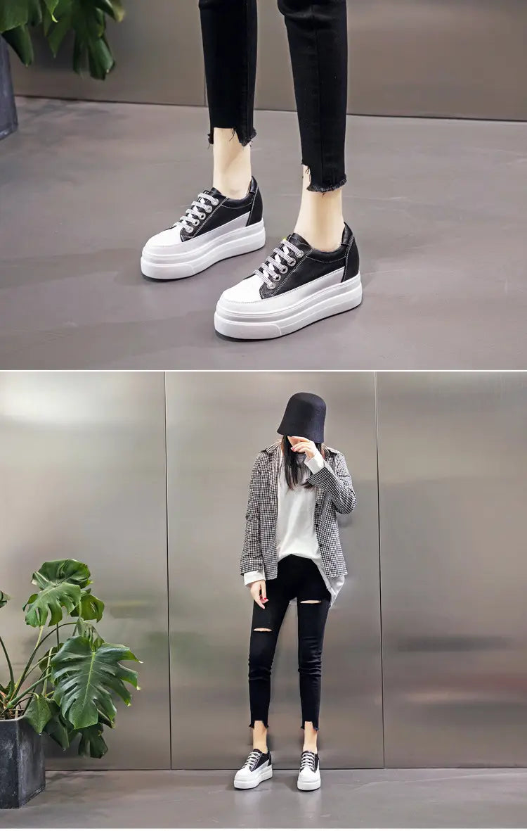 Genuine Leather Platform Versatile Casual Breathable White Muffin Height Increasing Insole Women’s Board Shoes