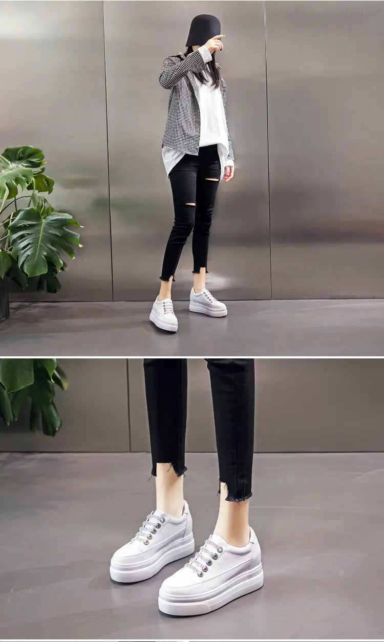 Genuine Leather Platform Versatile Casual Breathable White Muffin Height Increasing Insole Women’s Board Shoes