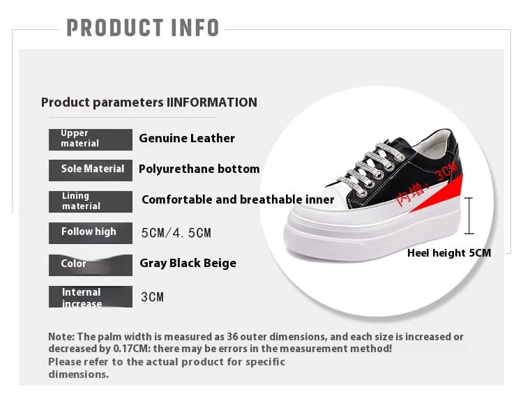 Genuine Leather Platform Versatile Casual Breathable White Muffin Height Increasing Insole Women’s Board Shoes