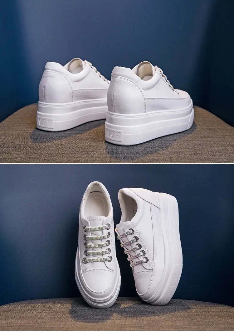 Genuine Leather Platform Versatile Casual Breathable White Muffin Height Increasing Insole Women’s Board Shoes