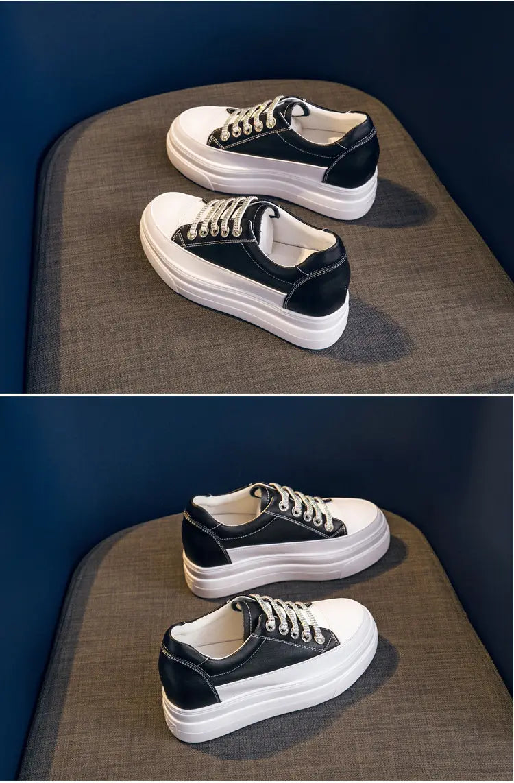Genuine Leather Platform Versatile Casual Breathable White Muffin Height Increasing Insole Women’s Board Shoes
