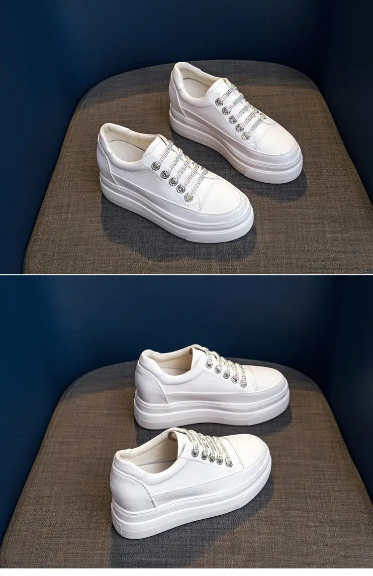 Genuine Leather Platform Versatile Casual Breathable White Muffin Height Increasing Insole Women’s Board Shoes