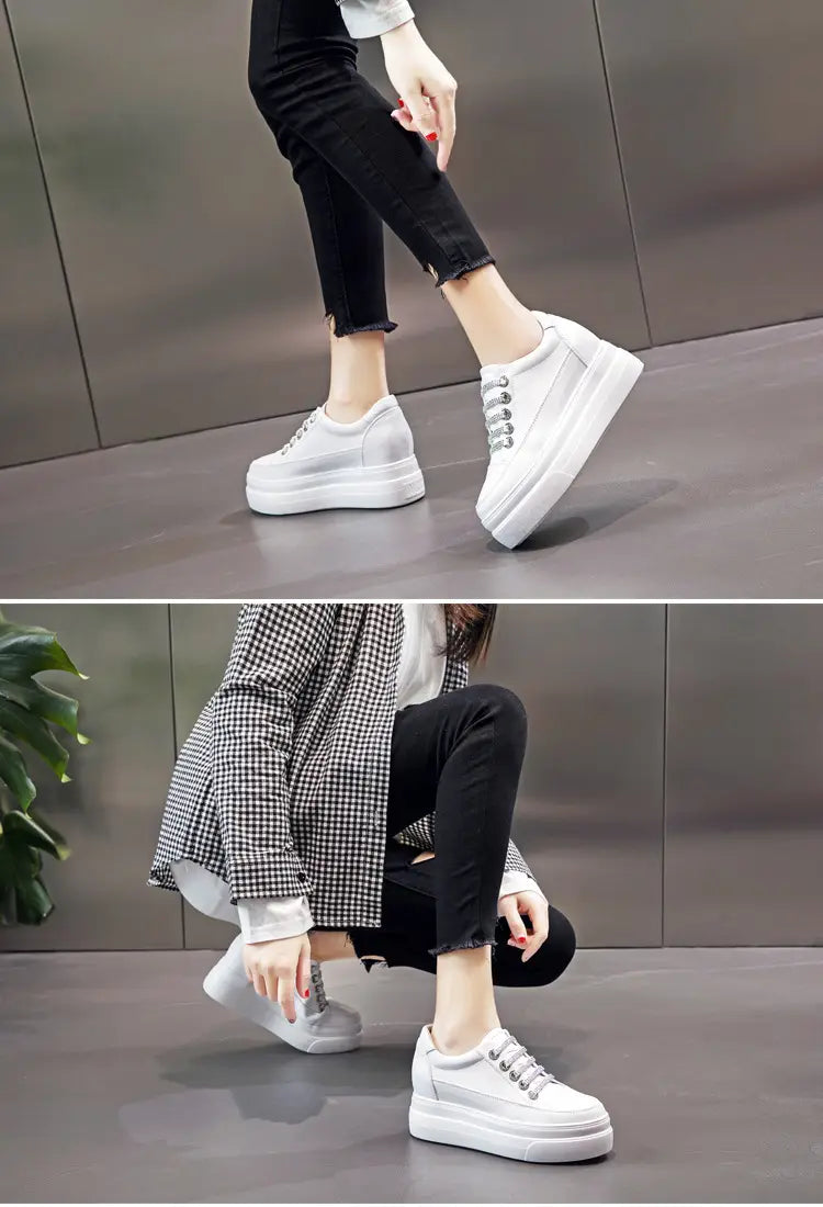 Genuine Leather Platform Versatile Casual Breathable White Muffin Height Increasing Insole Women’s Board Shoes