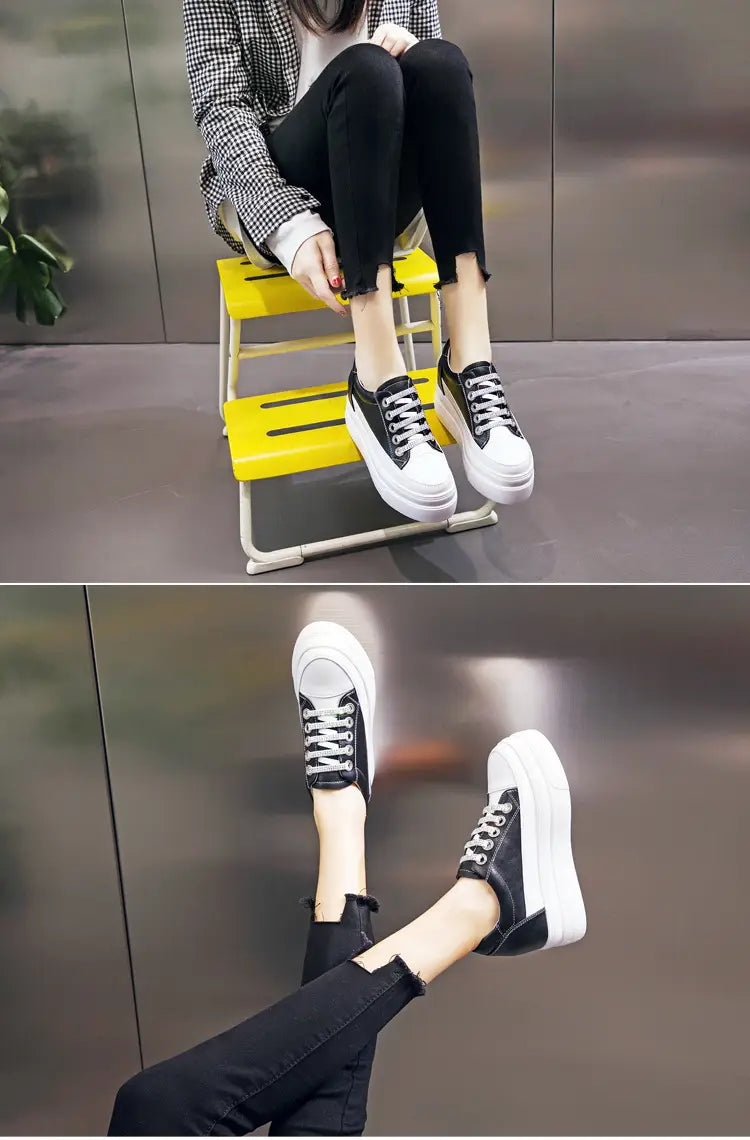 Genuine Leather Platform Versatile Casual Breathable White Muffin Height Increasing Insole Women’s Board Shoes