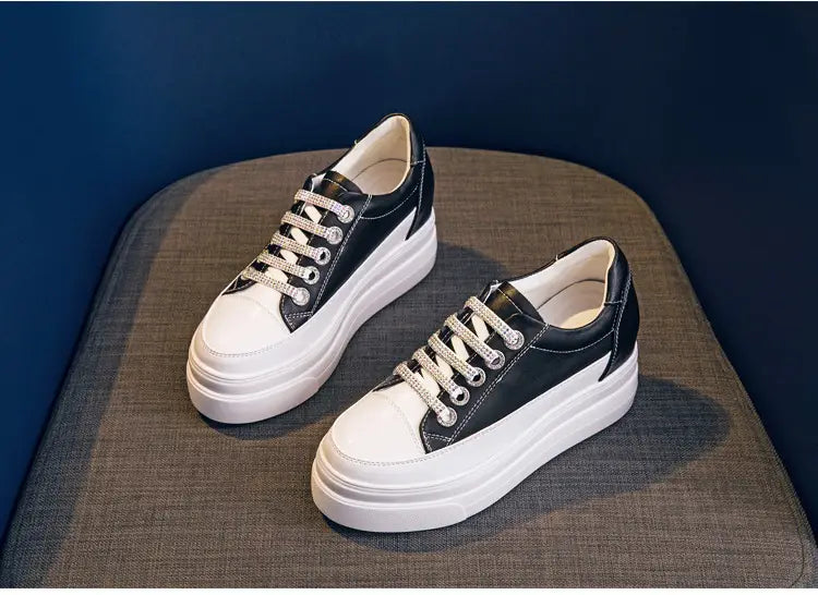 Genuine Leather Platform Versatile Casual Breathable White Muffin Height Increasing Insole Women’s Board Shoes
