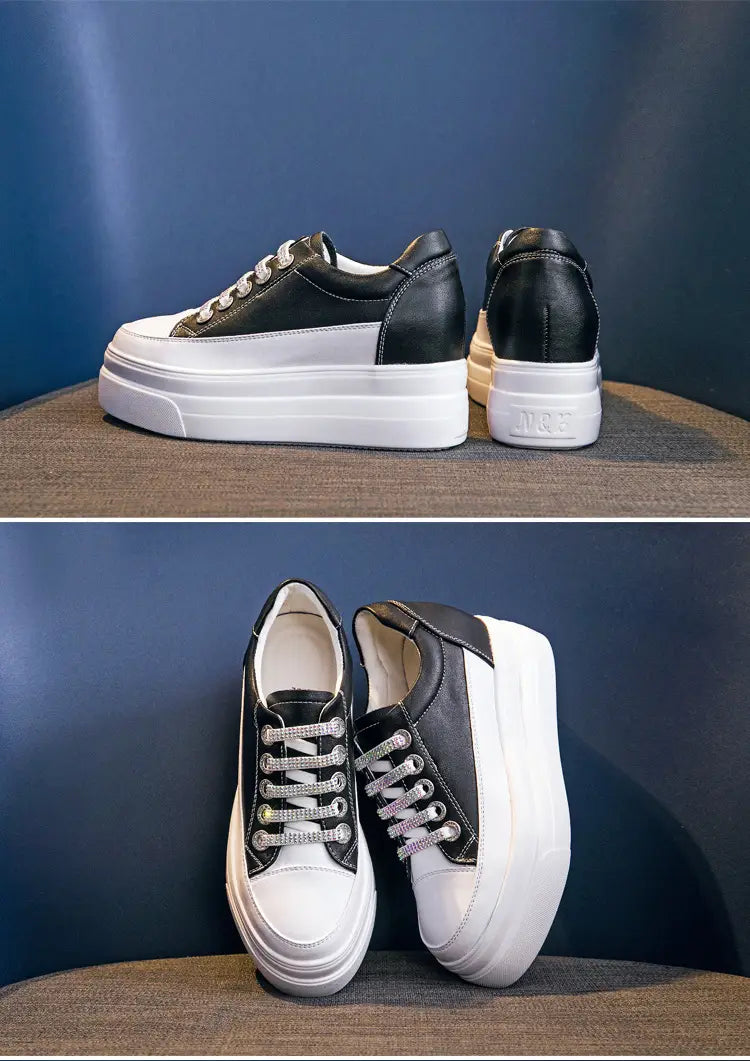Genuine Leather Platform Versatile Casual Breathable White Muffin Height Increasing Insole Women’s Board Shoes