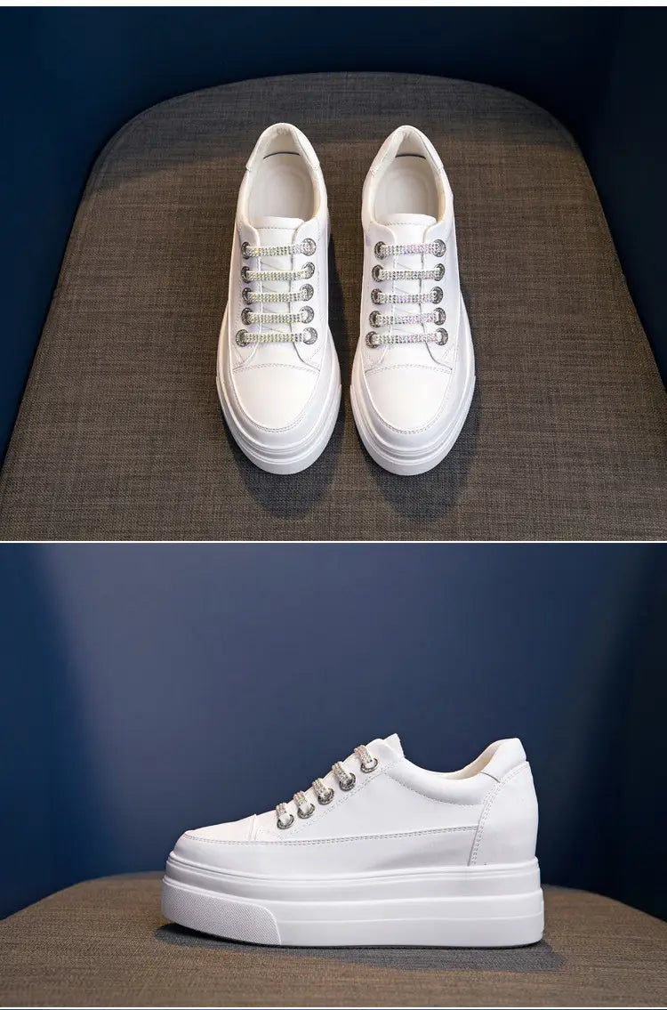 Genuine Leather Platform Versatile Casual Breathable White Muffin Height Increasing Insole Women’s Board Shoes