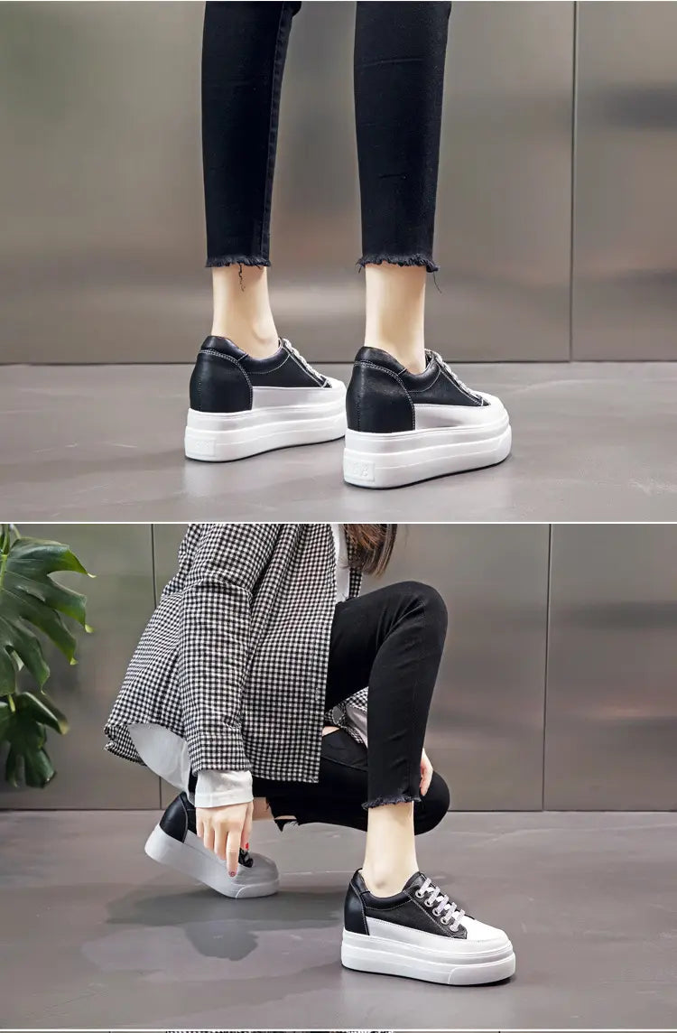 Genuine Leather Platform Versatile Casual Breathable White Muffin Height Increasing Insole Women’s Board Shoes