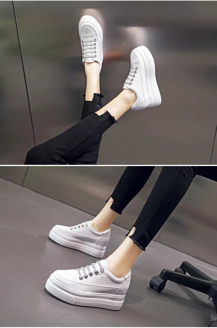 Genuine Leather Platform Versatile Casual Breathable White Muffin Height Increasing Insole Women’s Board Shoes