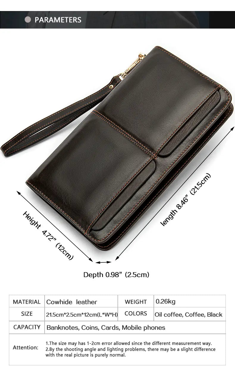 Business Double Pocket Men’s Wallet Long Wallet Multiple Card Slots Genuine Leather Men’s Clutch Clutch