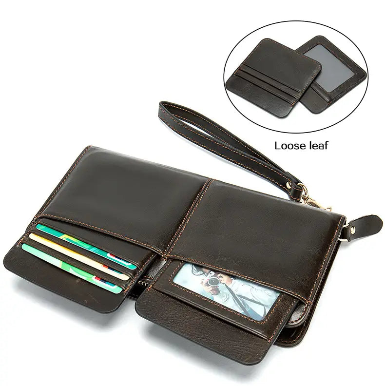 Business Double Pocket Men’s Wallet Long Wallet Multiple Card Slots Genuine Leather Men’s Clutch Clutch