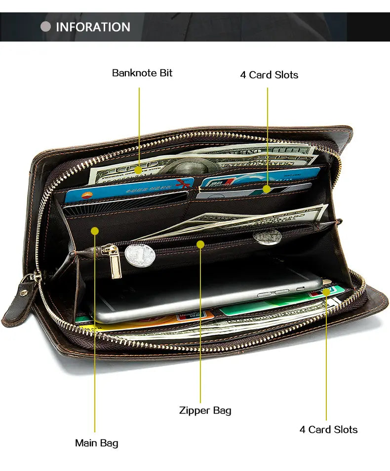 Business Double Pocket Men’s Wallet Long Wallet Multiple Card Slots Genuine Leather Men’s Clutch Clutch