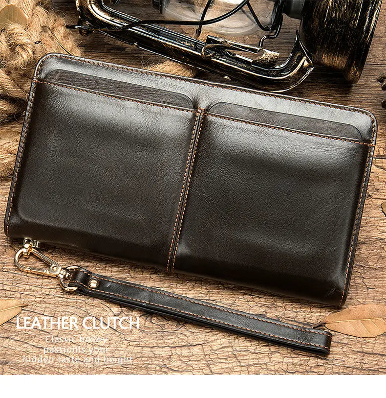 Business Double Pocket Men’s Wallet Long Wallet Multiple Card Slots Genuine Leather Men’s Clutch Clutch
