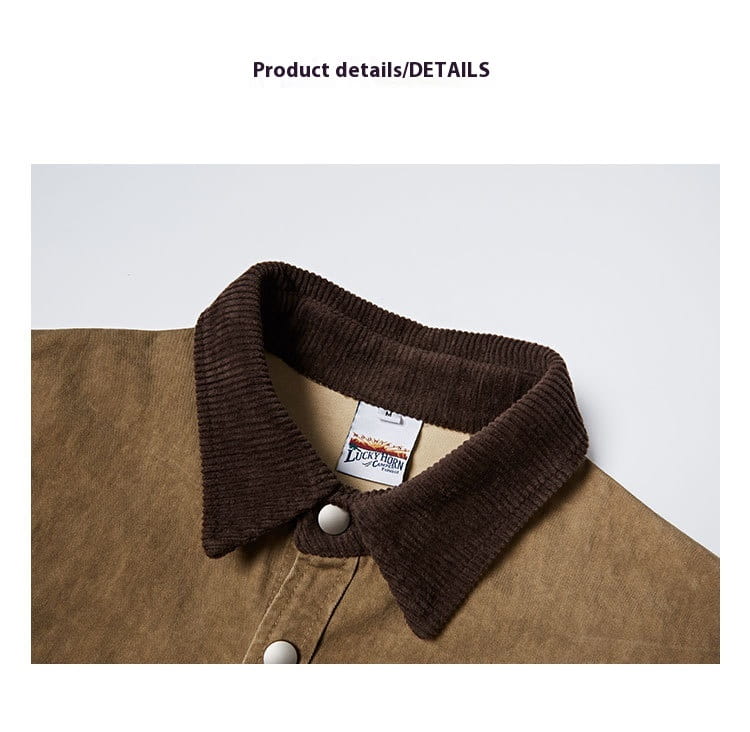 Washed Old Contrast Color Lapel Long Sleeve Shirt Men