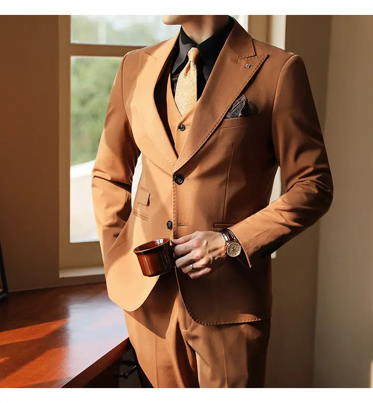 High-end Wedding Bridegroom Suit Suit Closure Collar Suit Three-piece Suit Men Caramel