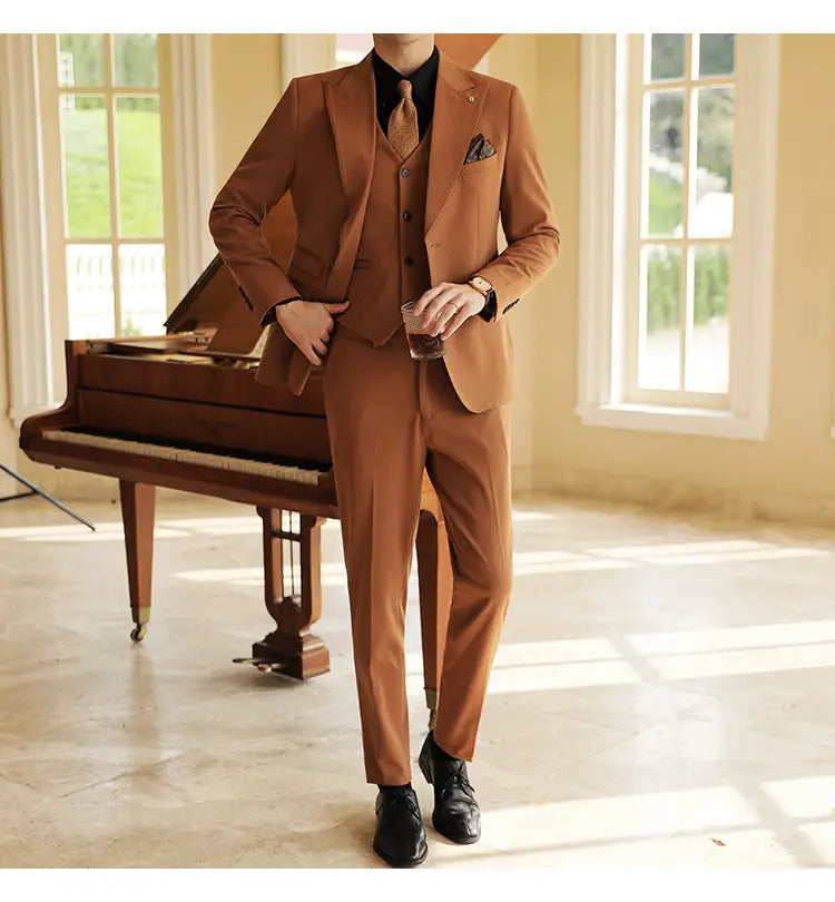 High-end Wedding Bridegroom Suit Suit Closure Collar Suit Three-piece Suit Men Caramel
