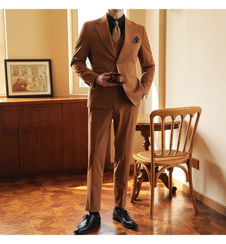 High-end Wedding Bridegroom Suit Suit Closure Collar Suit Three-piece Suit Men Caramel