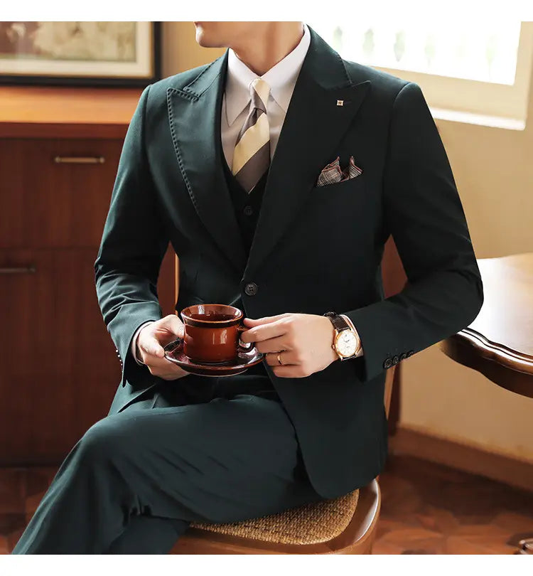 High-end Wedding Bridegroom Suit Suit Closure Collar Suit Three-piece Suit Men Caramel