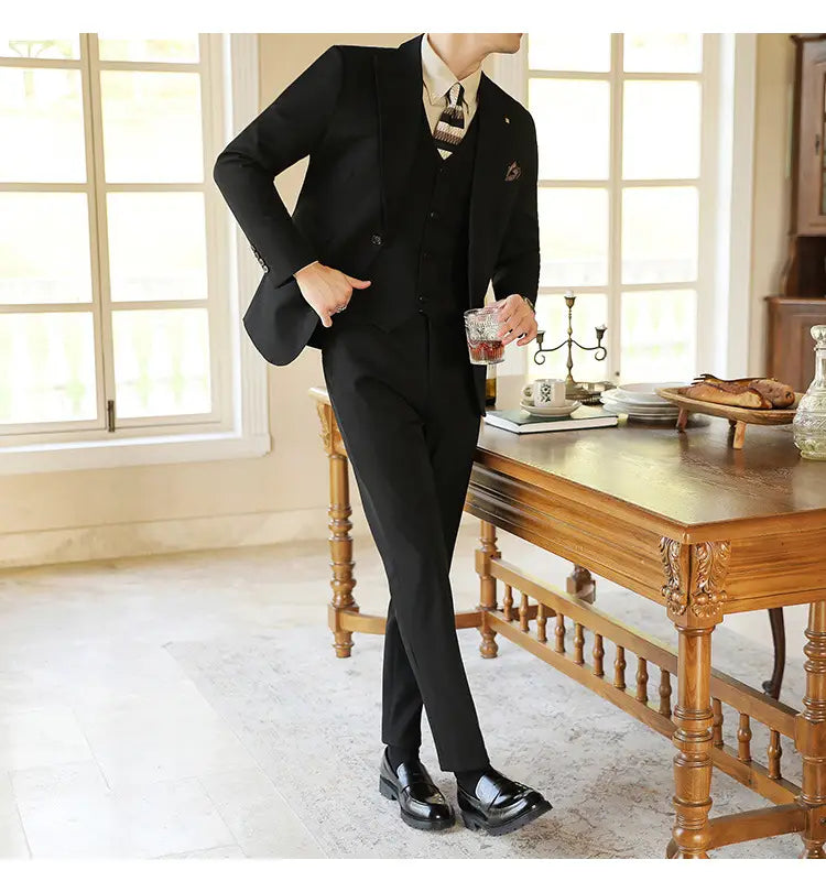 High-end Wedding Bridegroom Suit Suit Closure Collar Suit Three-piece Suit Men Caramel