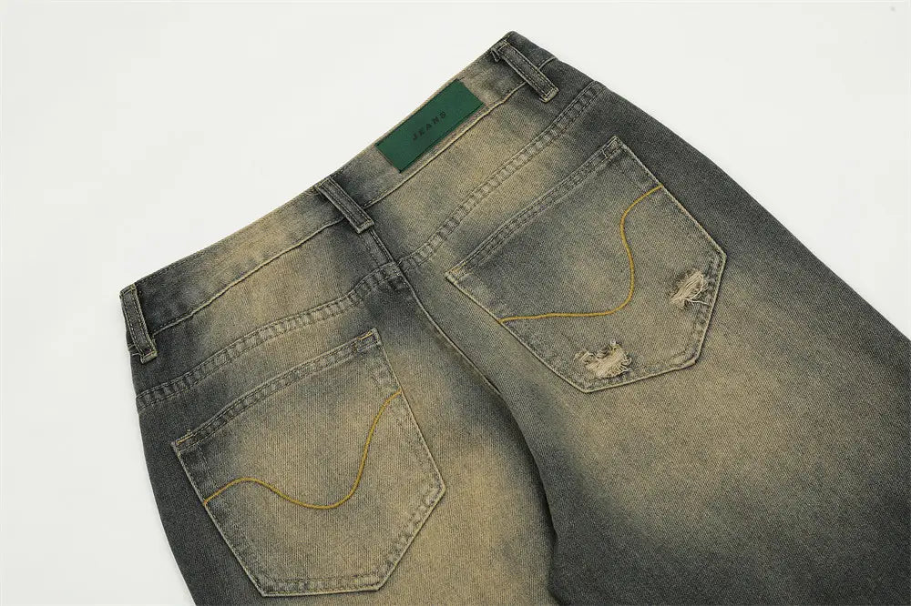 Monkey Wash Washed Denim Trousers For Men