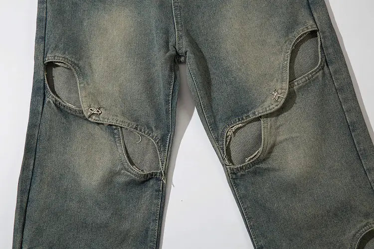Ripped Hollow-out Denim Trousers For Men