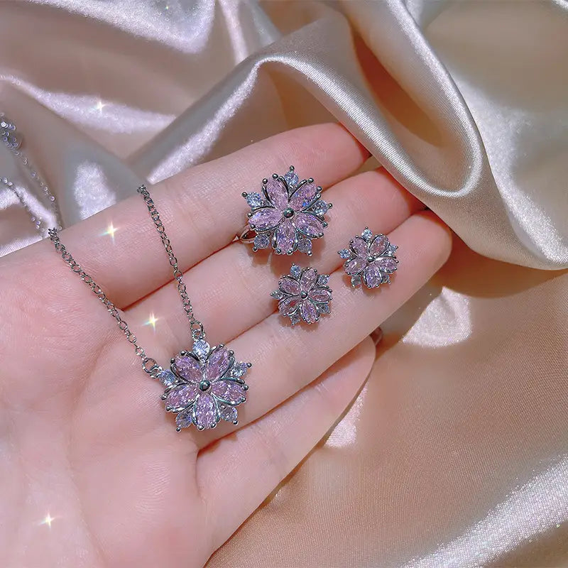 Fashion Jewelry Zircon Women Necklace Ring Double Layers Flower Cubic Zirconia Jewelry Shiny Simple All Match Stud