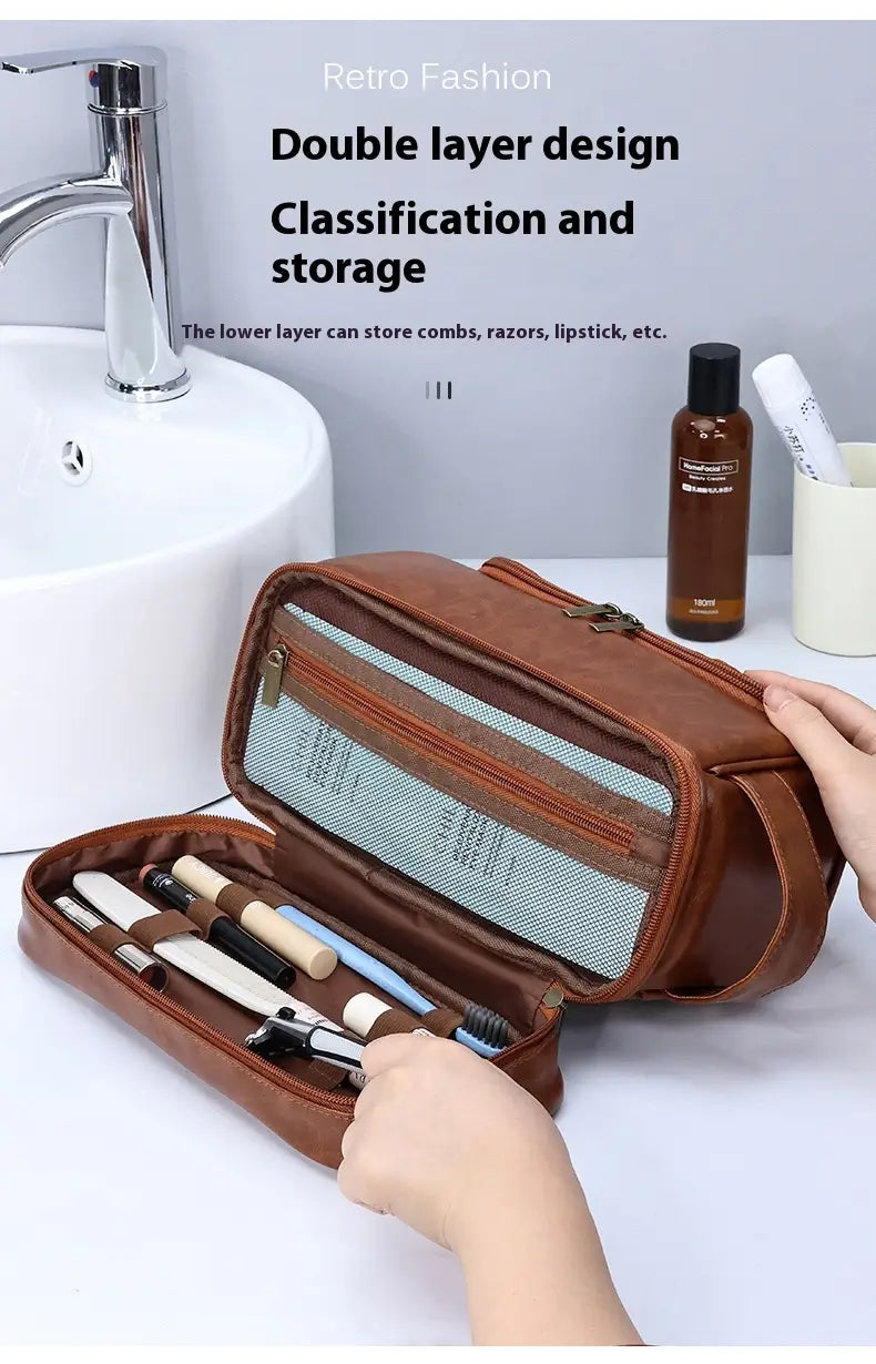 Leather Cosmetics Storage Bag Travel Toiletry Bag Portable Men’s Business Simplicity Portable With Hook