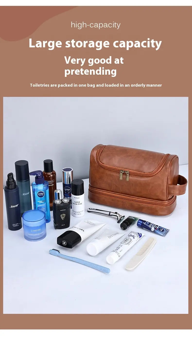 Leather Cosmetics Storage Bag Travel Toiletry Bag Portable Men’s Business Simplicity Portable With Hook