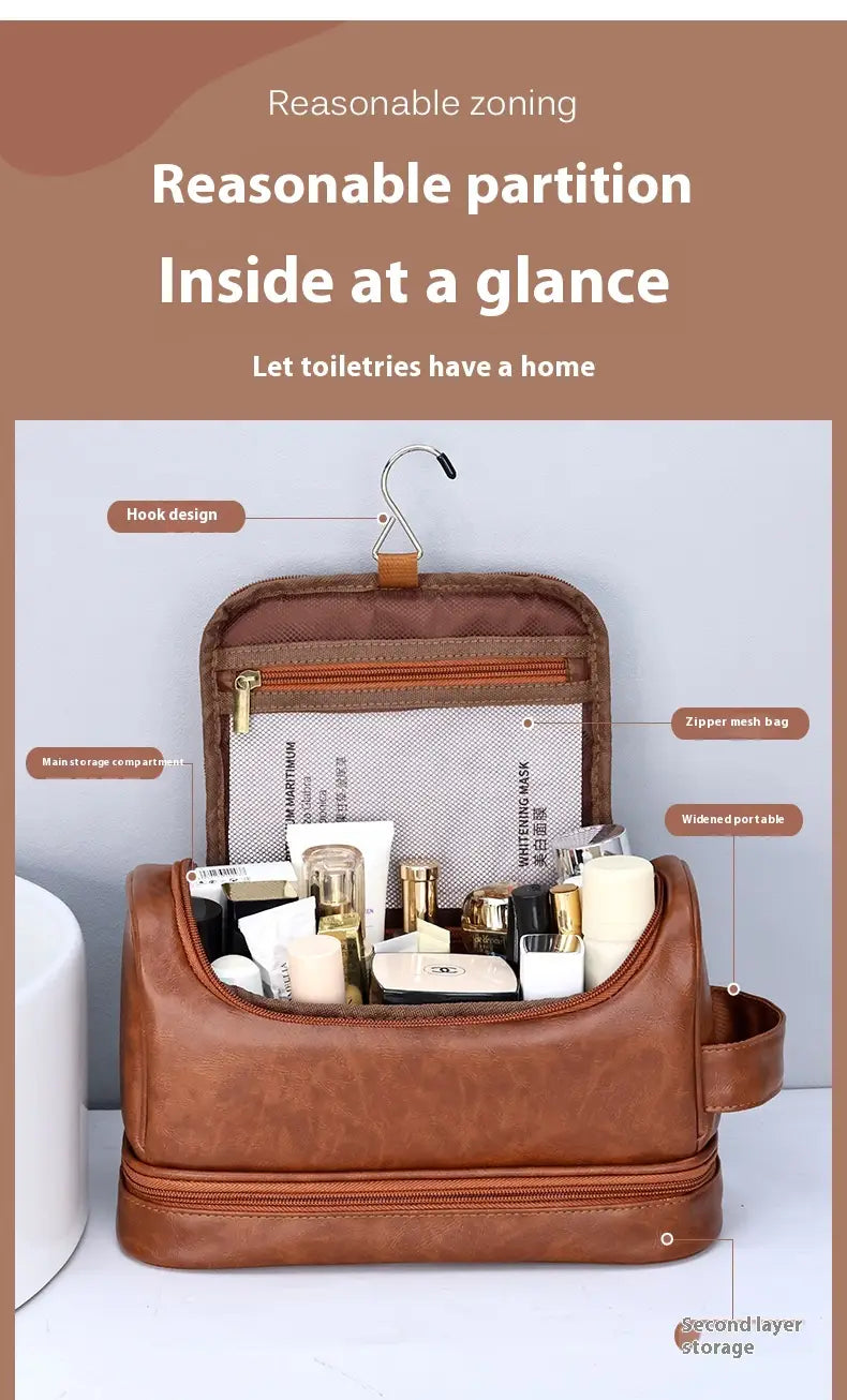 Leather Cosmetics Storage Bag Travel Toiletry Bag Portable Men’s Business Simplicity Portable With Hook