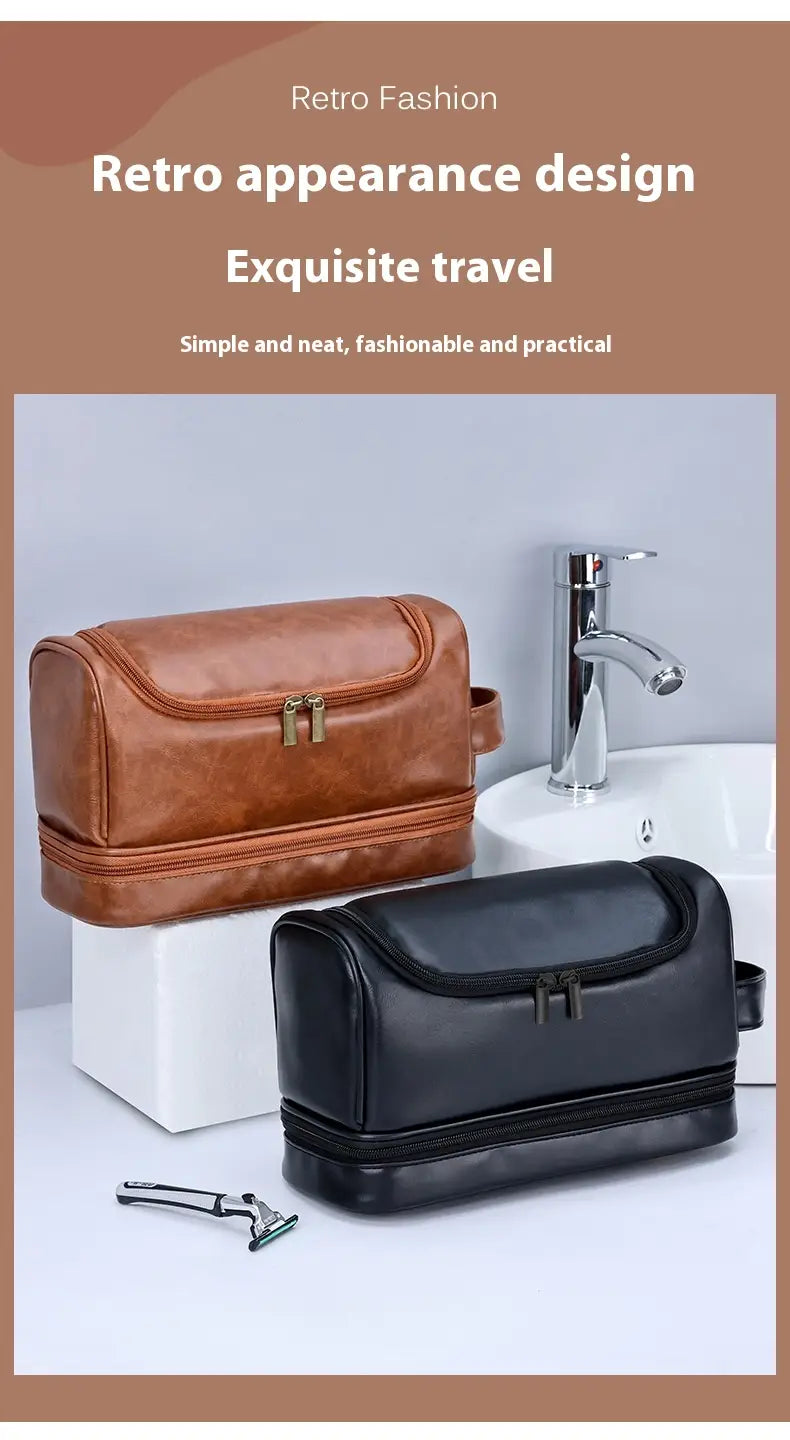 Leather Cosmetics Storage Bag Travel Toiletry Bag Portable Men’s Business Simplicity Portable With Hook