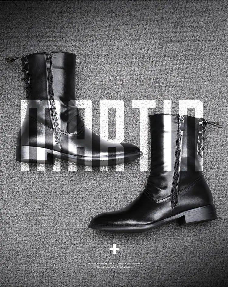 Pointed Leather Boots Men’s British Korean High-top Leather Shoes Mid-calf Length