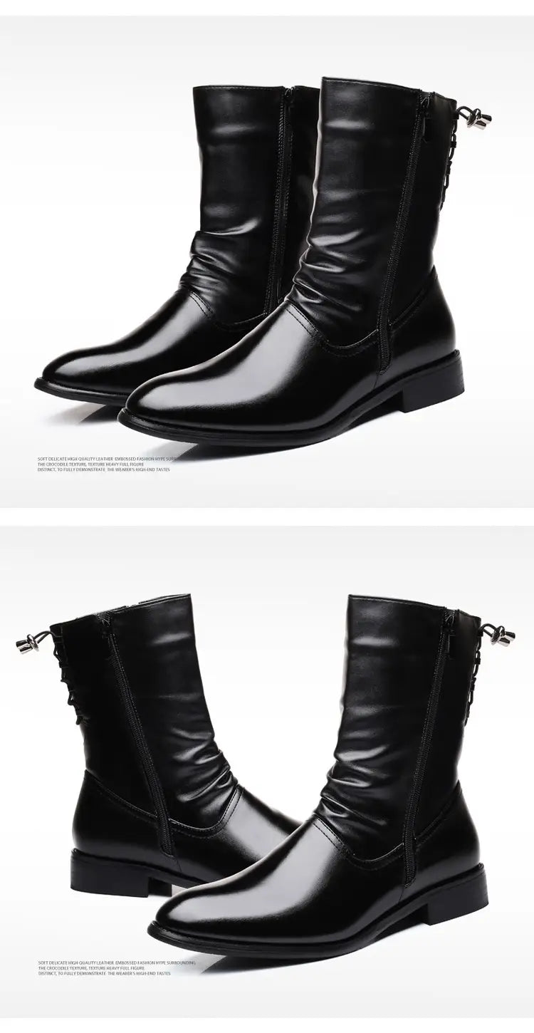 Pointed Leather Boots Men’s British Korean High-top Leather Shoes Mid-calf Length
